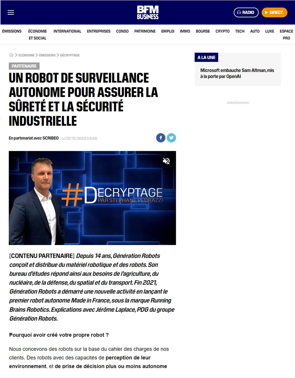 Article BFM Business 2022 - Un robot de surveillance autonome pour assurer la sûreté et la sécurité industrielle