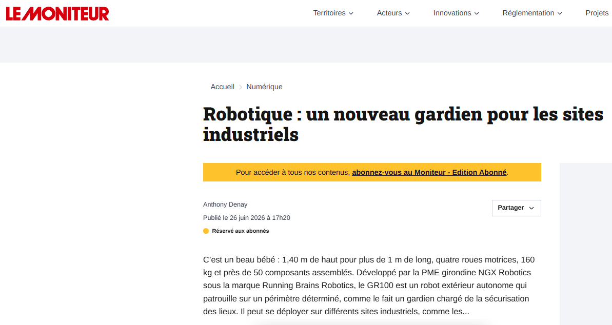 Le Moniteur des travaux publics et du bâtiment présente les atouts du robot vigile GR100